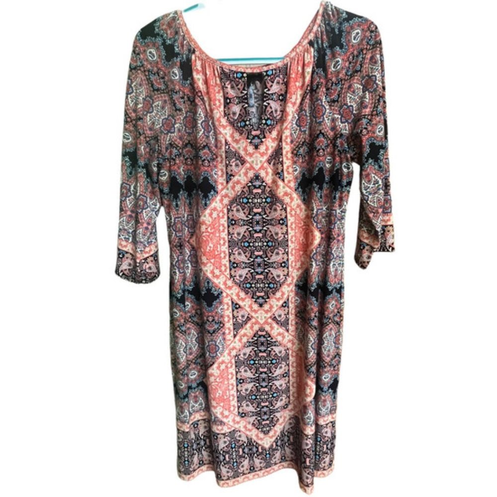 Liz Claiborne Women's Sheath 3/4 Sleeve Dress Floral Fall Colors Size 8 Keyhole